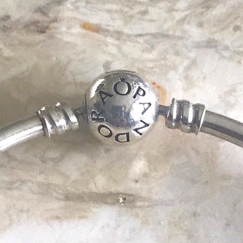 Pandora Sterling Silver Solid Bangle & 6 Charms - Picture 2 of 8